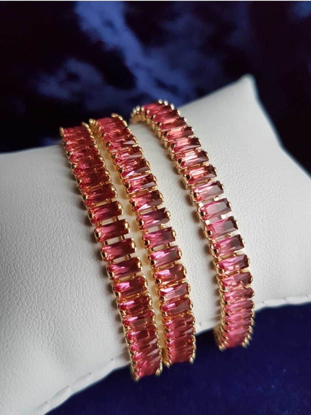 Swarovski Elements Gold Dark Pink Emerald-cut Baguette Tennis Bracelet NEW - Picture 6 of 9